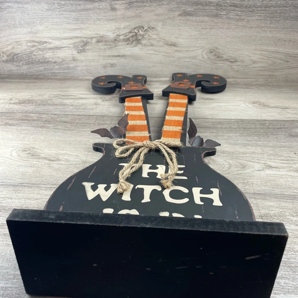 Halloween Decor Wooden Floor Sign The Witch Is In Flying Bats Legs Cauldron 23”